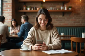 Jeune femme amusée consultant un test de compatibilité par prénom sur son smartphone dans un café chaleureux