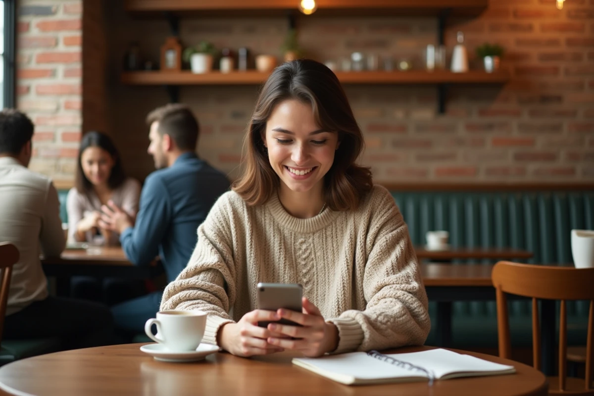 Jeune femme amusée consultant un test de compatibilité par prénom sur son smartphone dans un café chaleureux