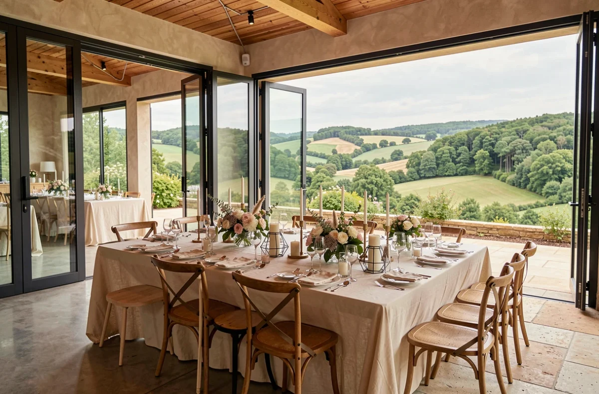Domaine de réception La Vallée de La Roche en Vendée avec terrasse panoramique dressée pour un dîner de mariage surplombant la vallée