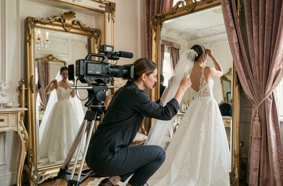 Vidéaste de mariage filmant une mariée devant un miroir doré dans un château, ambiance cinéma et coulisses élégantes